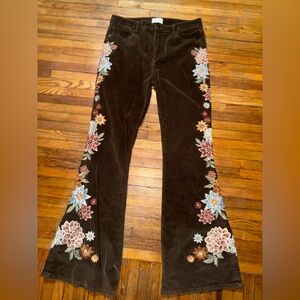 Free People x Driftwood Farrah Brown Floral Embroidered Cords Flares SZ 31 Hippy